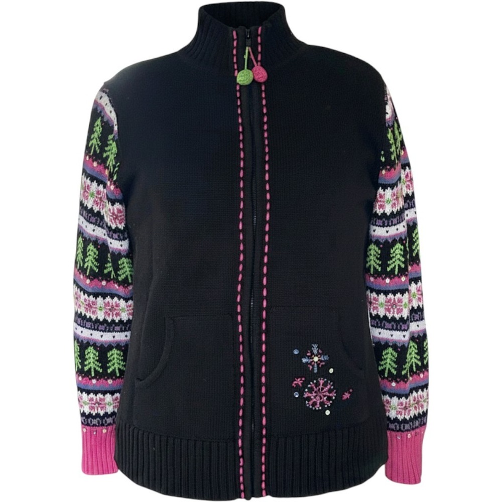 Quacker Factory Full Zip Sweater Womens L Black Fair Isle Holiday Festive Y2K